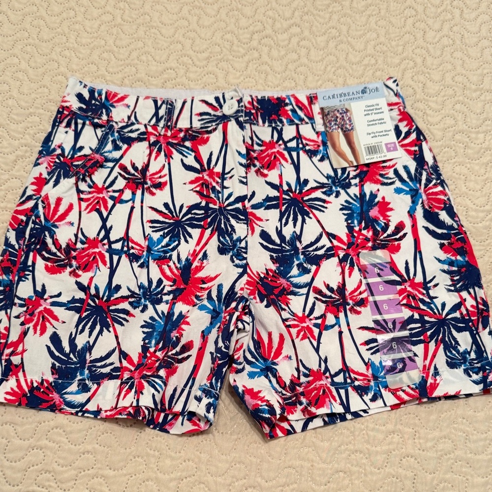 Caribbean Joe Women’s Size 6 Tropical Palm Shorts - Red, Blue, White